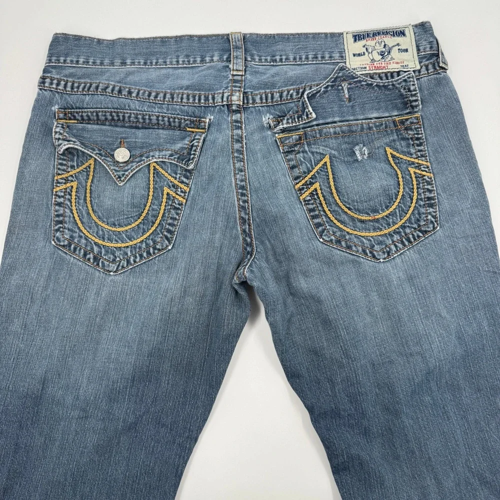 True Religion Straight Leg Jeans Mens 42 Blue Contrast Thick Stitch Made‎ in USA